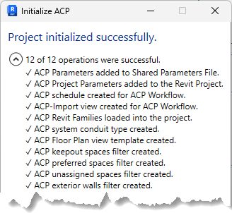 Project initialization successful with detailed operations and parameters listed for ACP.